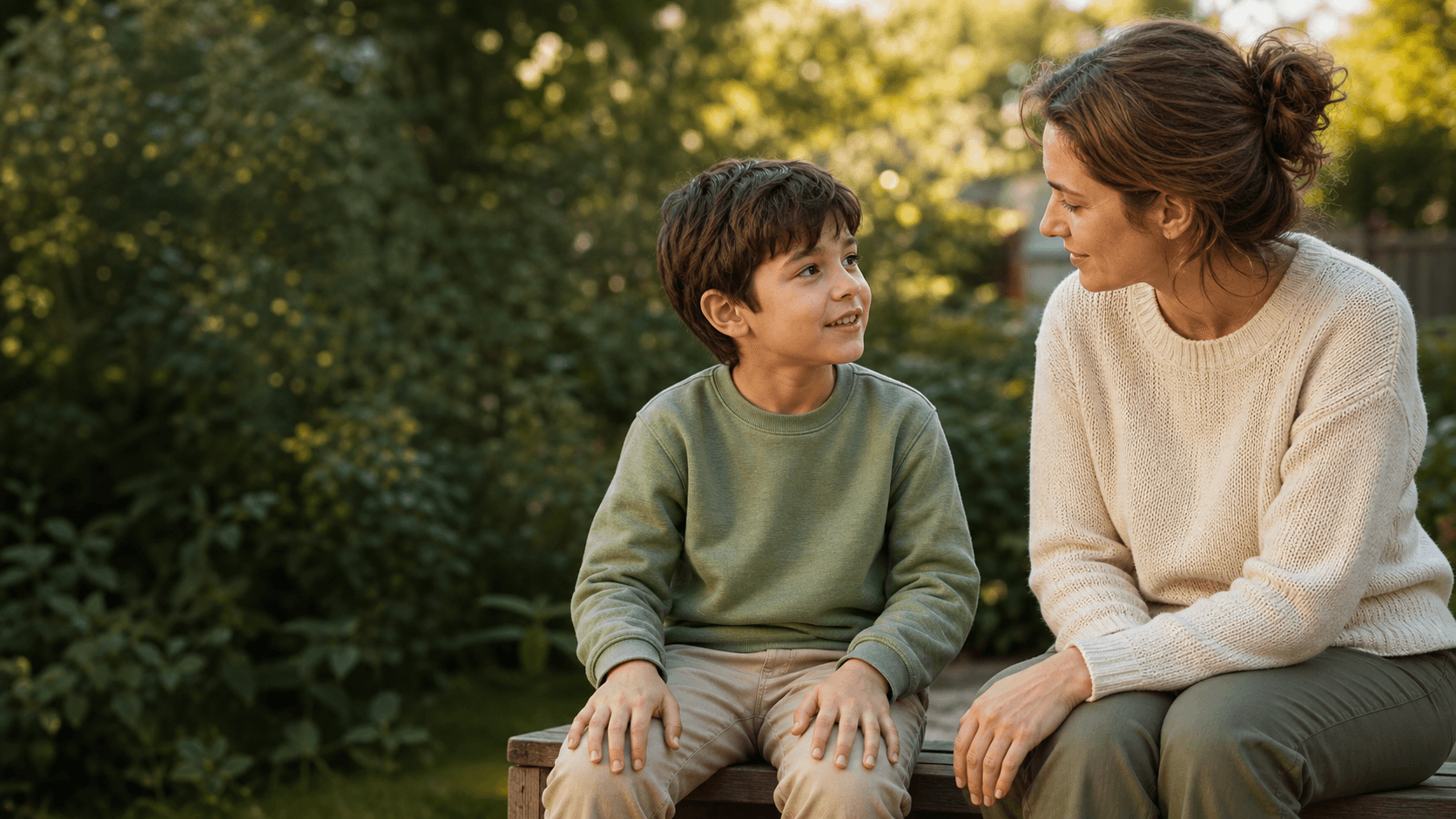 Eine Mutter hört ihrem Kind im sonnigen Garten auf Augenhöhe zu